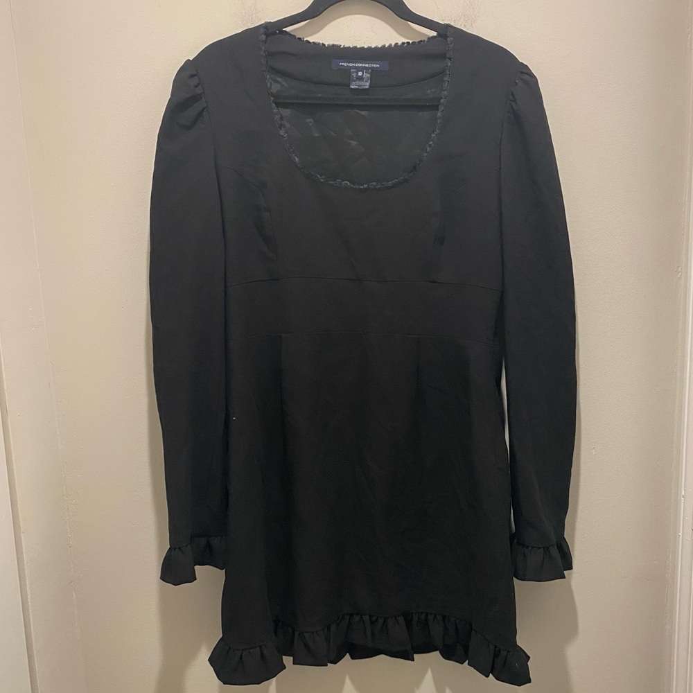 French Connection Black Mini Dress Virgin Wool Women’s Size 10 Cottagecore EUC